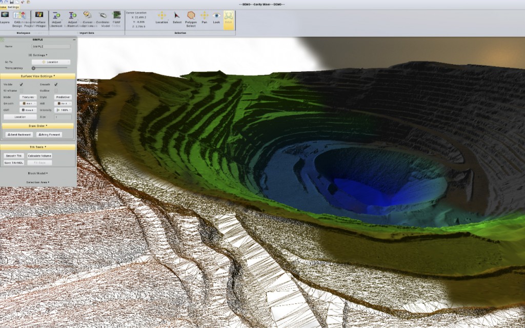 Mining screenshot--from wireframe to fully textured.
